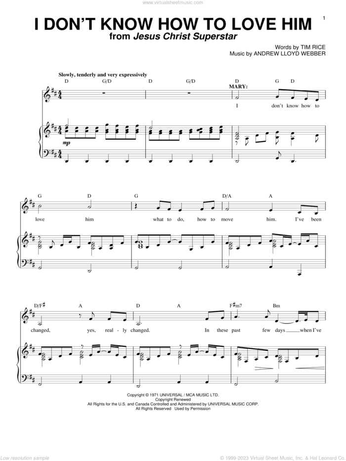I Don't Know How To Love Him sheet music for voice and piano by Helen Reddy, Jesus Christ Superstar (Musical), Andrew Lloyd Webber and Tim Rice, intermediate skill level