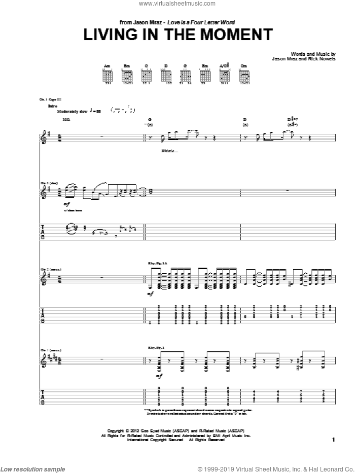 Living In The Moment sheet music for guitar (tablature) by Jason Mraz and Rick Nowels, intermediate skill level