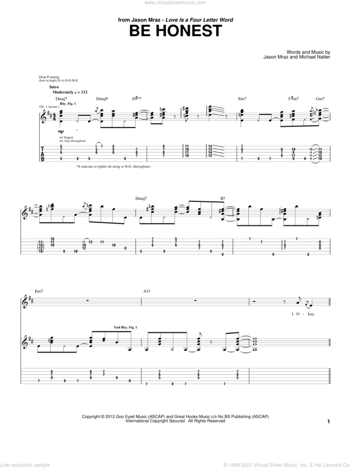 Be Honest sheet music for guitar (tablature) by Jason Mraz and Michael Natter, intermediate skill level