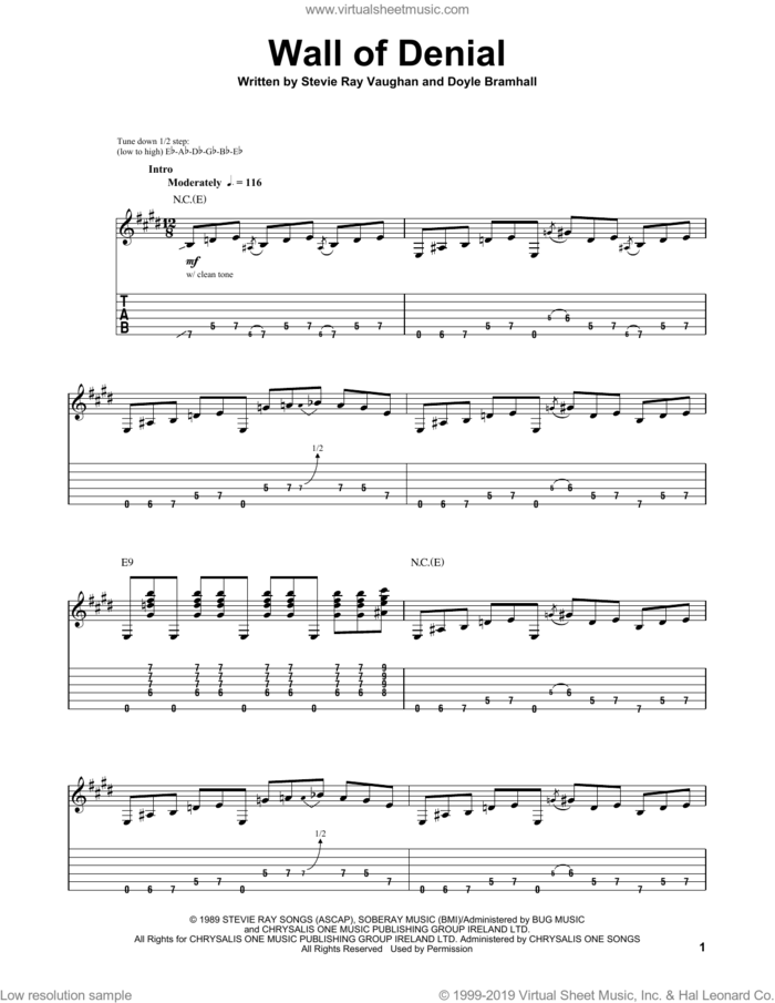 Wall Of Denial sheet music for guitar (tablature, play-along) by Stevie Ray Vaughan and Doyle Bramhall, intermediate skill level