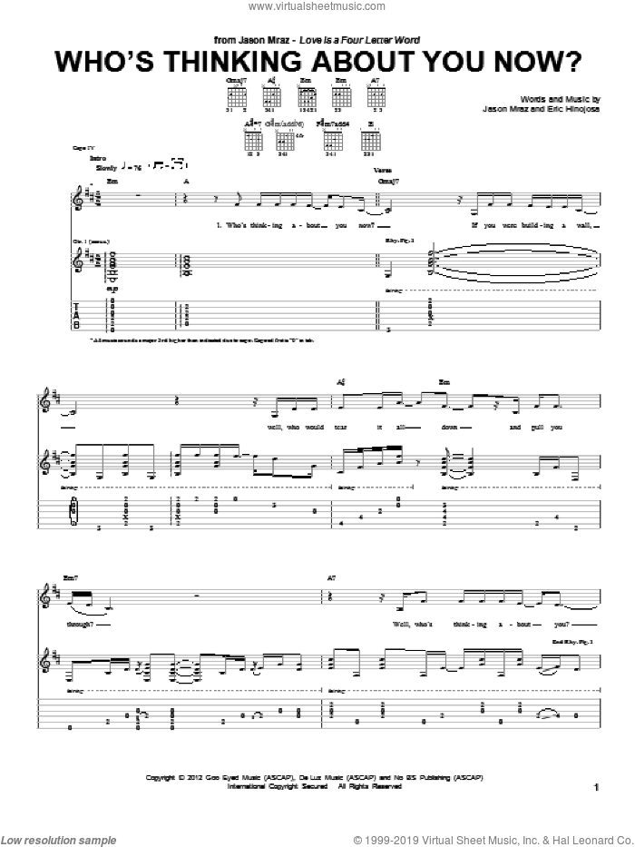 Who's Thinking About You Now? sheet music for guitar (tablature) by Jason Mraz and Eric Hinojosa, intermediate skill level