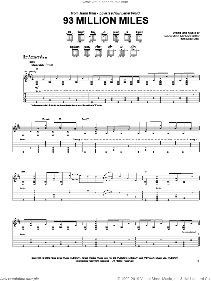 93 Million Miles sheet music for guitar (tablature) by Jason Mraz, Michael Natter and Mike Daly, intermediate skill level