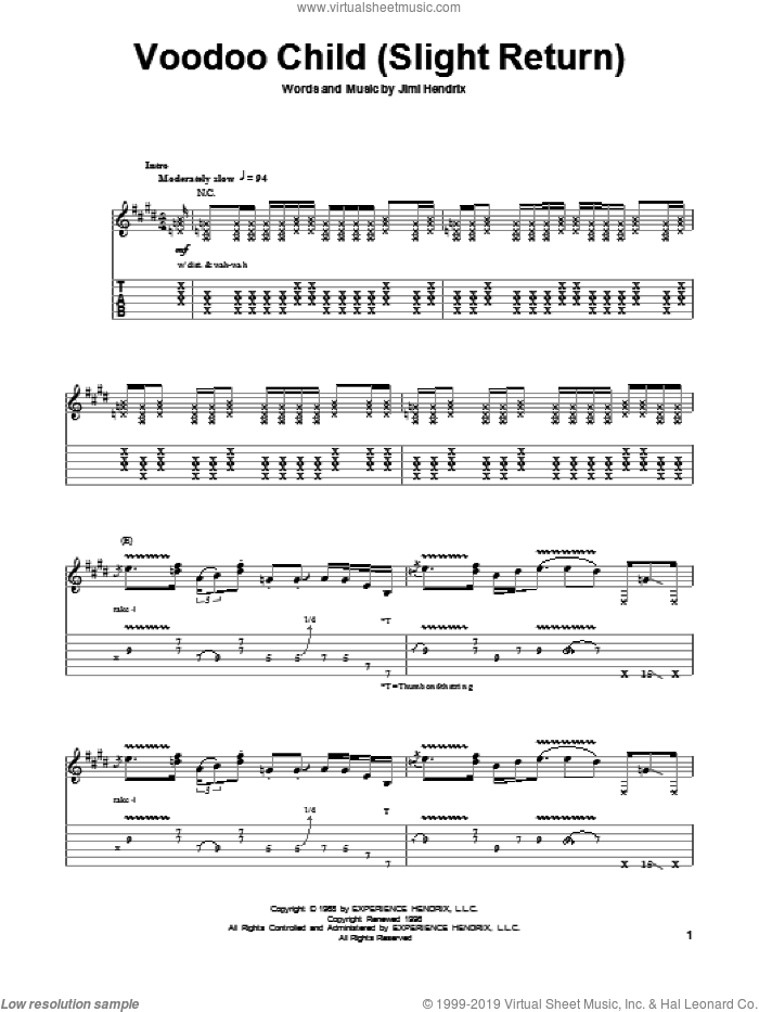 Voodoo Child (Slight Return) sheet music for guitar (tablature, play-along) by Stevie Ray Vaughan and Jimi Hendrix, intermediate skill level