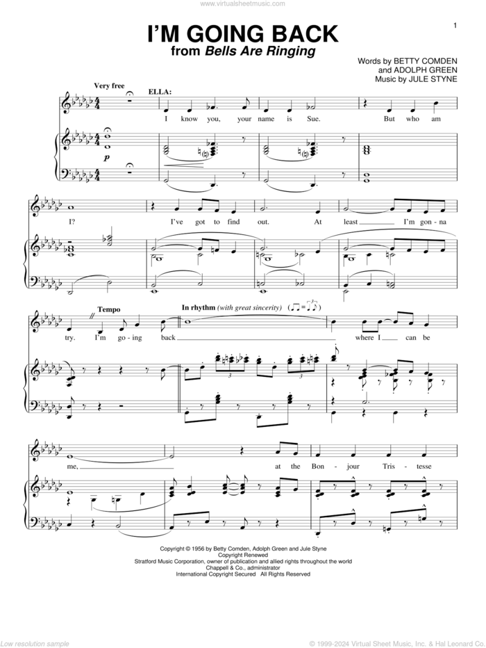 I'm Going Back sheet music for voice and piano by Betty Comden, Adolph Green and Jule Styne, intermediate skill level