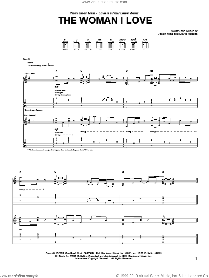 The Woman I Love sheet music for guitar (tablature) by Jason Mraz and David Hodges, intermediate skill level