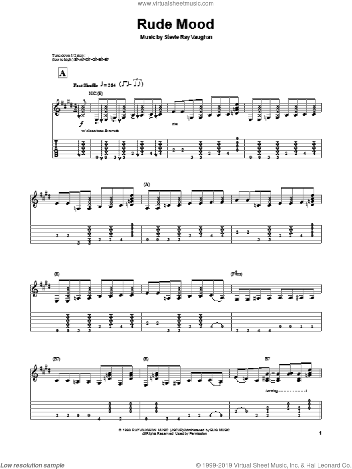 Rude Mood sheet music for guitar (tablature, play-along) by Stevie Ray Vaughan, intermediate skill level