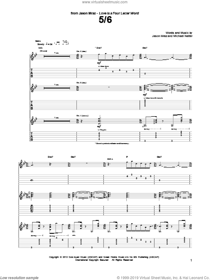 5/6 sheet music for guitar (tablature) by Jason Mraz and Michael Natter, intermediate skill level