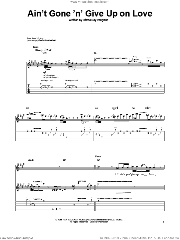 Ain't Gone 'N' Give Up On Love sheet music for guitar (tablature, play-along) by Stevie Ray Vaughan, intermediate skill level