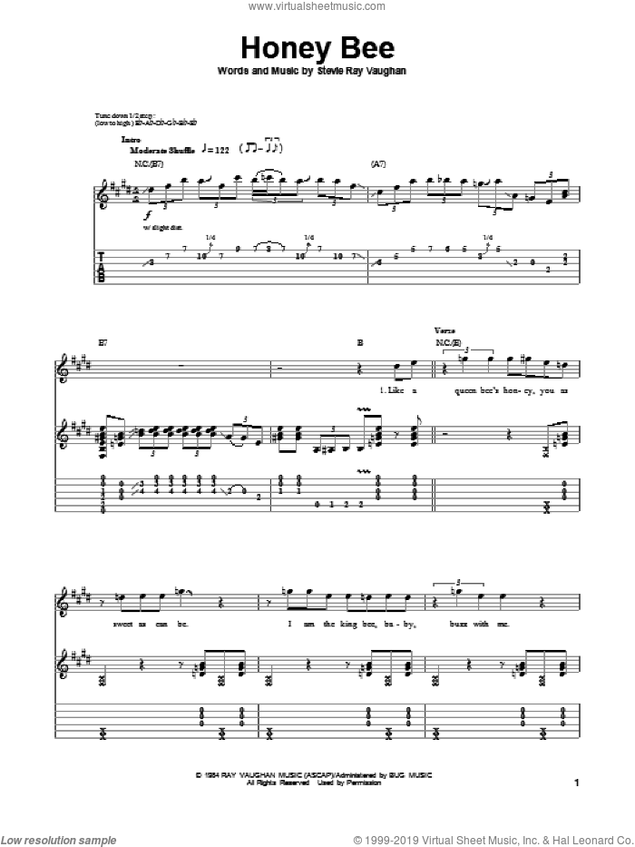 Honey Bee sheet music for guitar (tablature, play-along) by Stevie Ray Vaughan, intermediate skill level