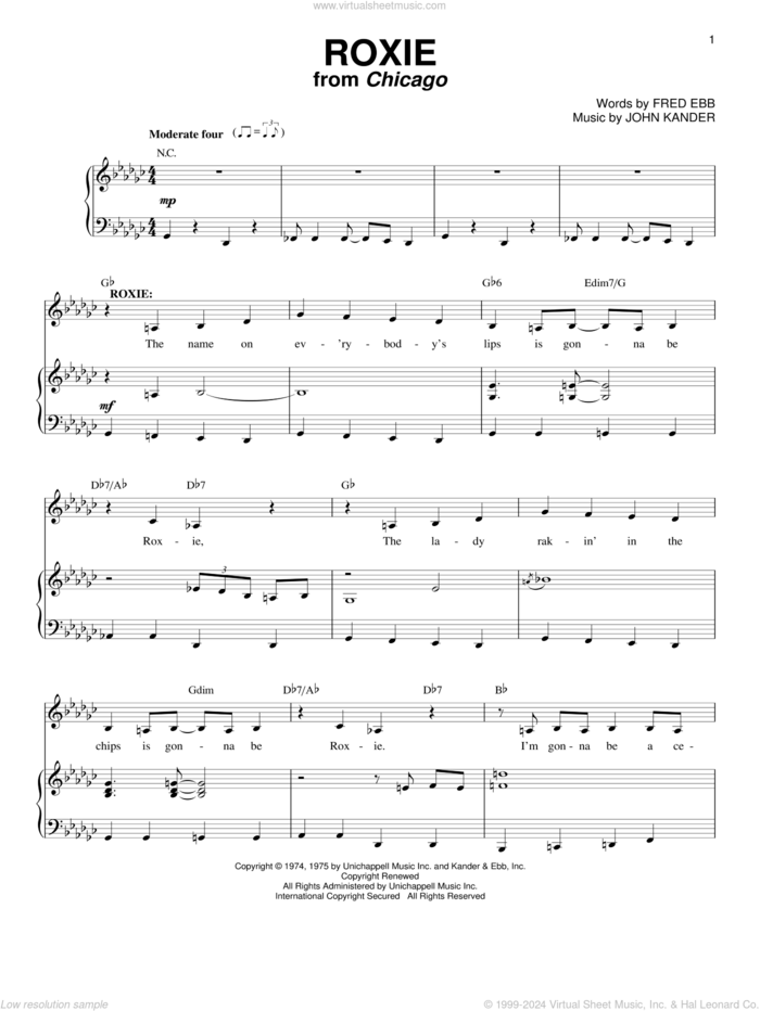 Roxie (from Chicago) sheet music for voice and piano by Kander & Ebb, Fred Ebb and John Kander, intermediate skill level