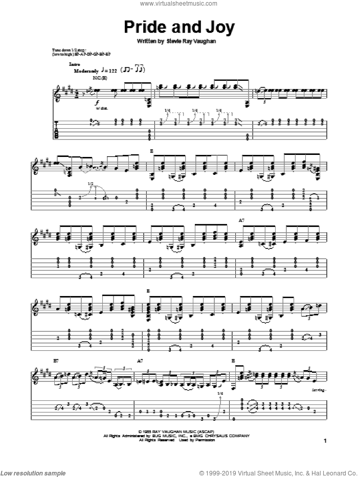 Pride And Joy sheet music for guitar (tablature, play-along) by Stevie Ray Vaughan, intermediate skill level