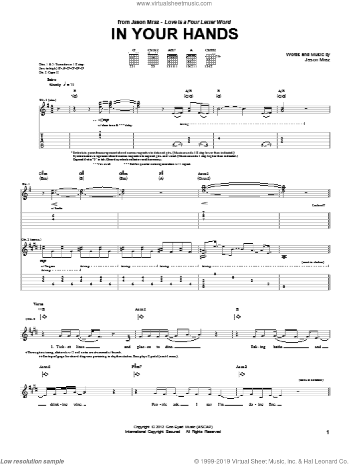 In Your Hands sheet music for guitar (tablature) by Jason Mraz, intermediate skill level