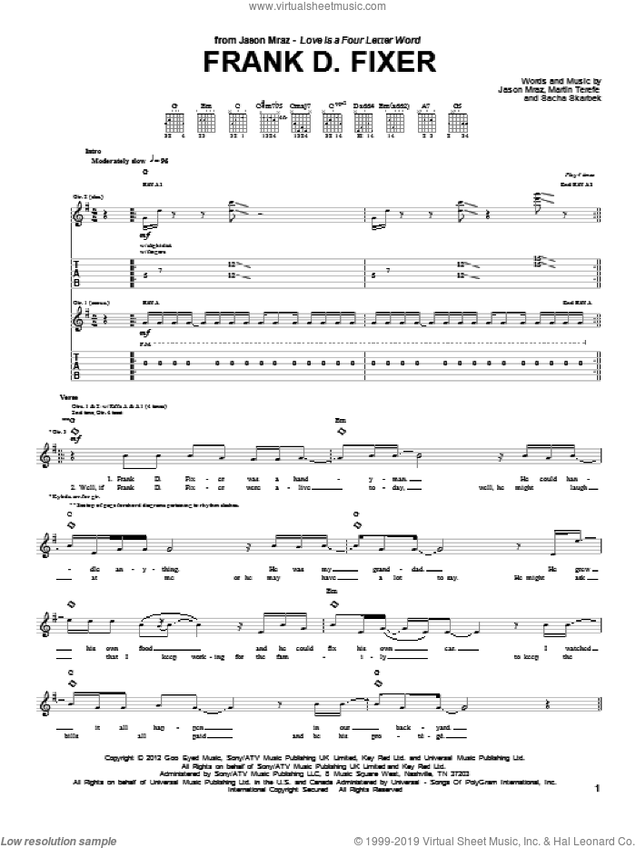 Frank D Fixer sheet music for guitar (tablature) by Jason Mraz, Martin Terefe and Sacha Skarbek, intermediate skill level