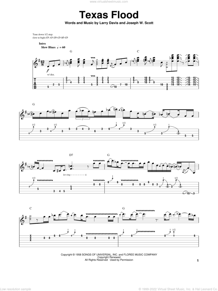 Texas Flood sheet music for guitar (tablature, play-along) by Stevie Ray Vaughan, Josey Scott and Larry Davis, intermediate skill level