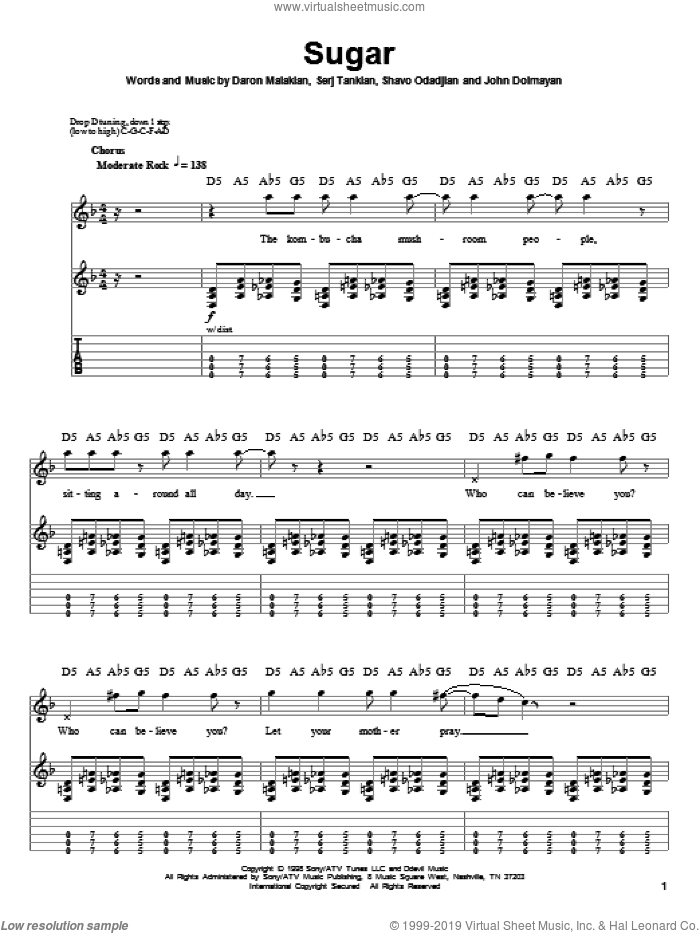 Sugar sheet music for guitar (tablature, play-along) by System Of A Down, Daron Malakian, John Dolmayan, Serj Tankian and Shavo Odadjian, intermediate skill level
