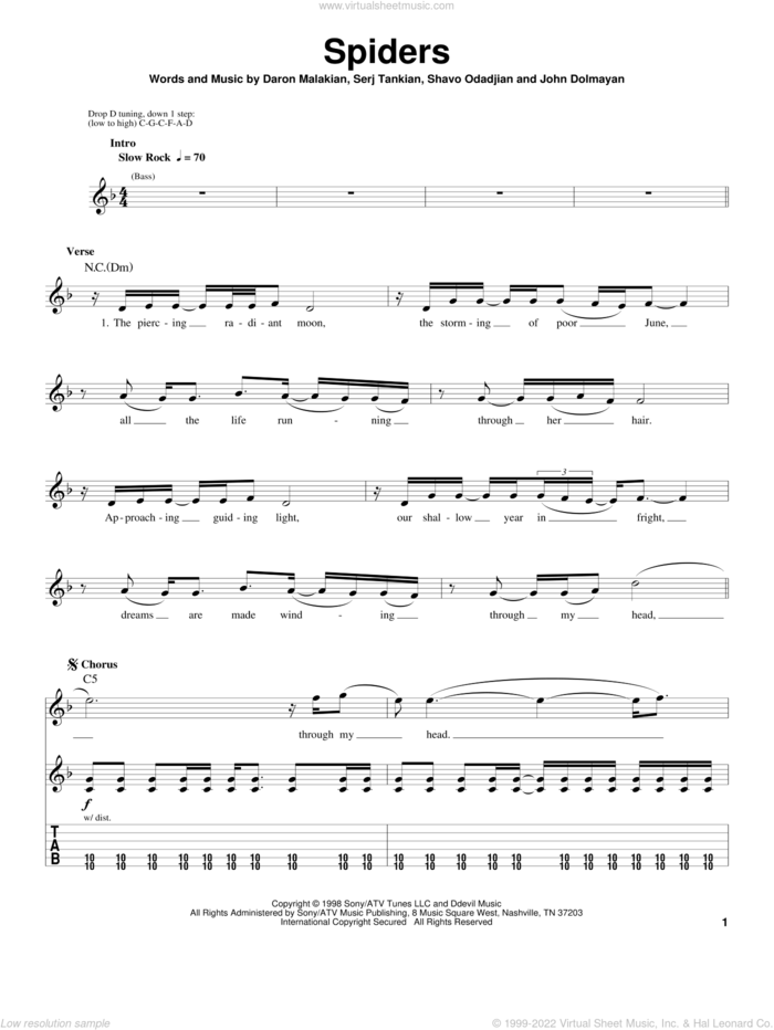 Spiders sheet music for guitar (tablature, play-along) by System Of A Down, Daron Malakian, John Dolmayan, Serj Tankian and Shavo Odadjian, intermediate skill level