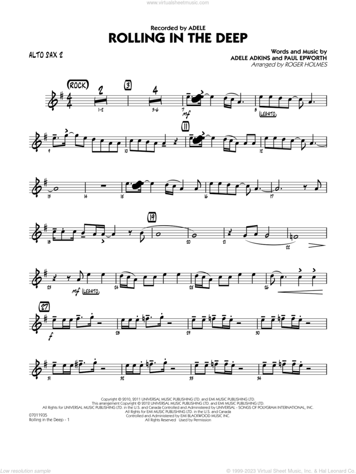 Rolling in the Deep sheet music for jazz band (alto sax 2) by Adele, Adele Adkins, Paul Epworth and Roger Holmes, intermediate skill level