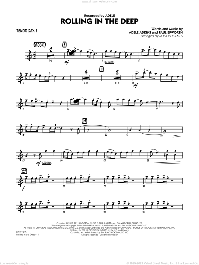 Rolling in the Deep sheet music for jazz band (tenor sax 1) by Adele, Adele Adkins, Paul Epworth and Roger Holmes, intermediate skill level