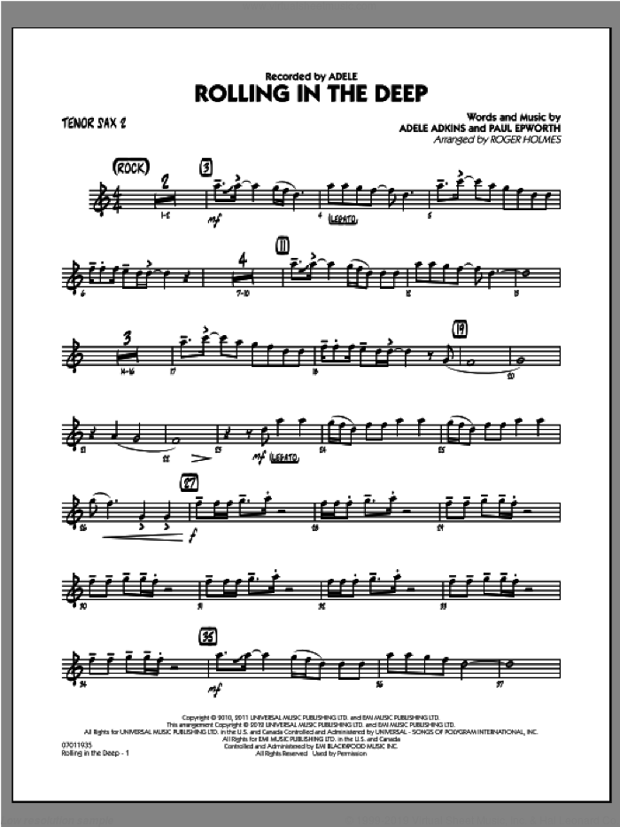 Rolling in the Deep sheet music for jazz band (tenor sax 2) by Adele, Adele Adkins, Paul Epworth and Roger Holmes, intermediate skill level