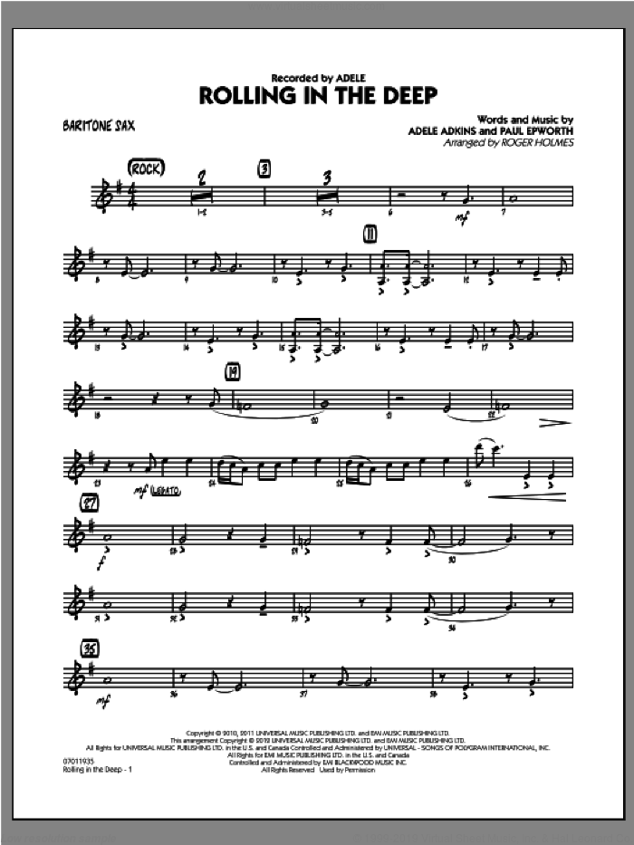 Rolling in the Deep sheet music for jazz band (baritone sax) by Adele, Adele Adkins, Paul Epworth and Roger Holmes, intermediate skill level