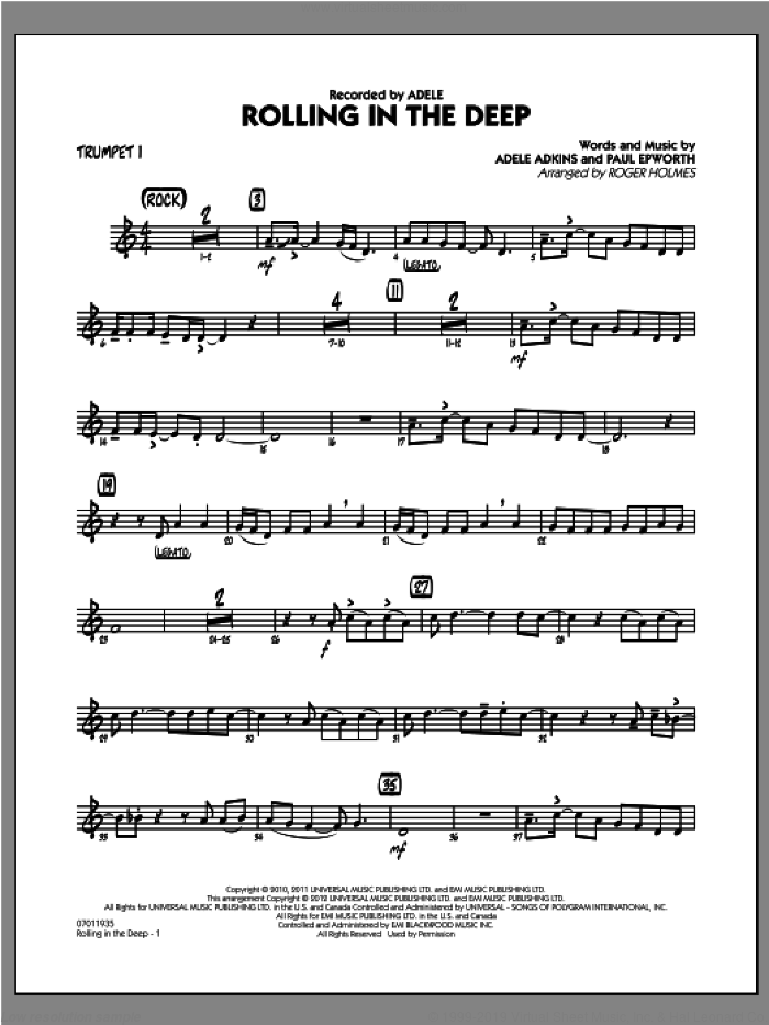 Rolling in the Deep sheet music for jazz band (trumpet 1) by Adele, Adele Adkins, Paul Epworth and Roger Holmes, intermediate skill level