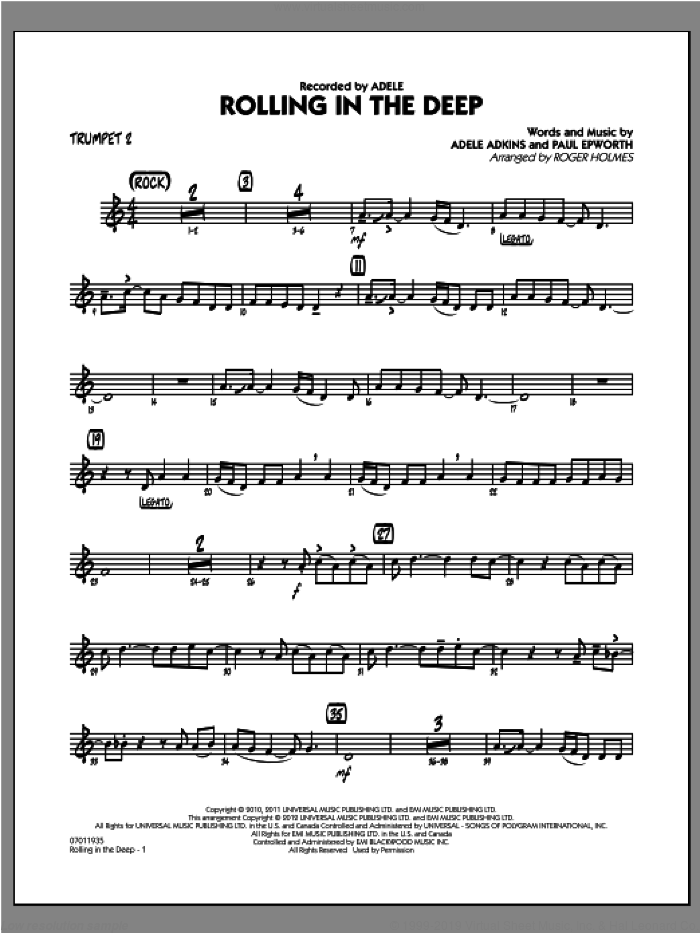 Rolling in the Deep sheet music for jazz band (trumpet 2) by Adele, Adele Adkins, Paul Epworth and Roger Holmes, intermediate skill level