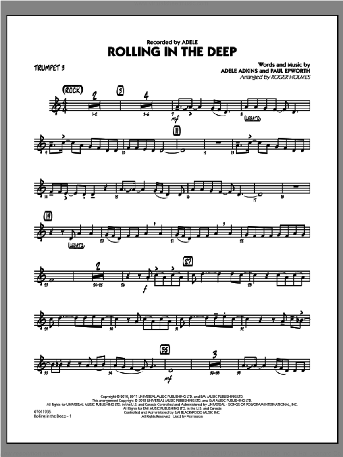 Rolling in the Deep sheet music for jazz band (trumpet 3) by Adele, Adele Adkins, Paul Epworth and Roger Holmes, intermediate skill level