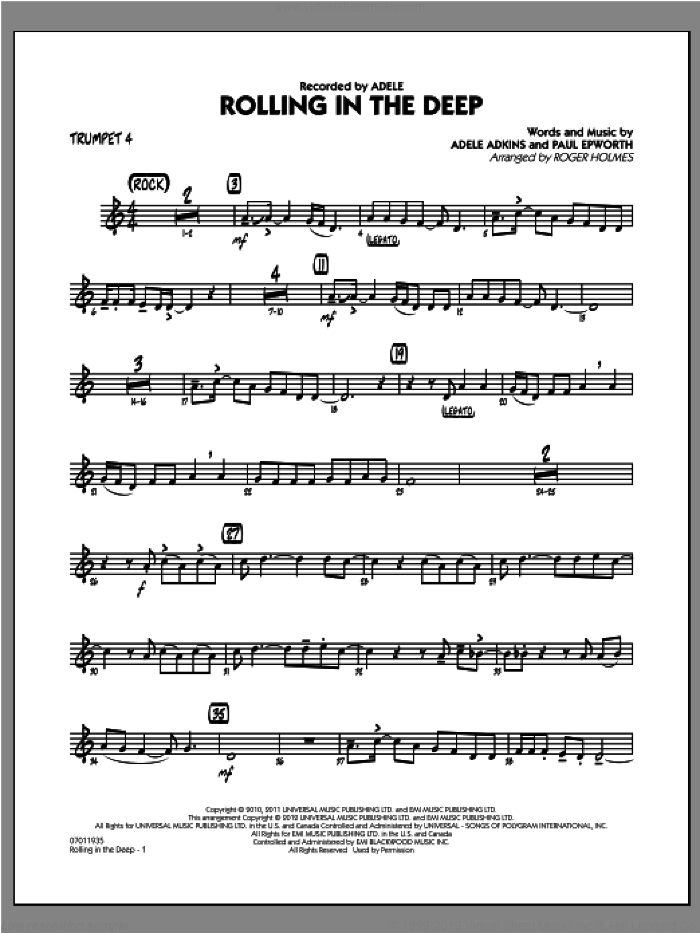Rolling in the Deep sheet music for jazz band (trumpet 4) by Adele, Adele Adkins, Paul Epworth and Roger Holmes, intermediate skill level