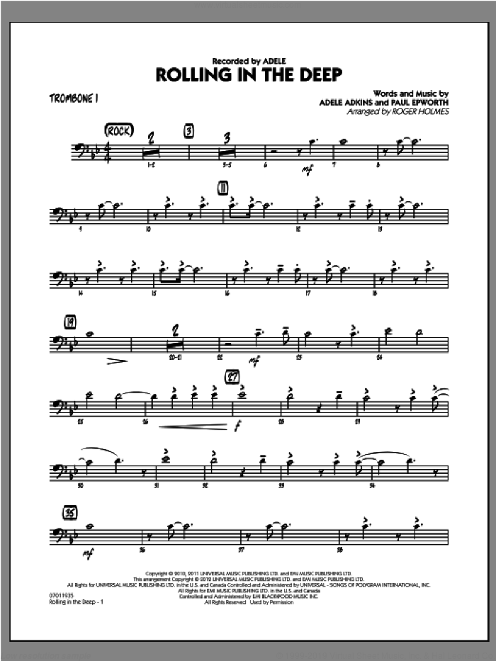Rolling in the Deep sheet music for jazz band (trombone 1) by Adele, Adele Adkins, Paul Epworth and Roger Holmes, intermediate skill level
