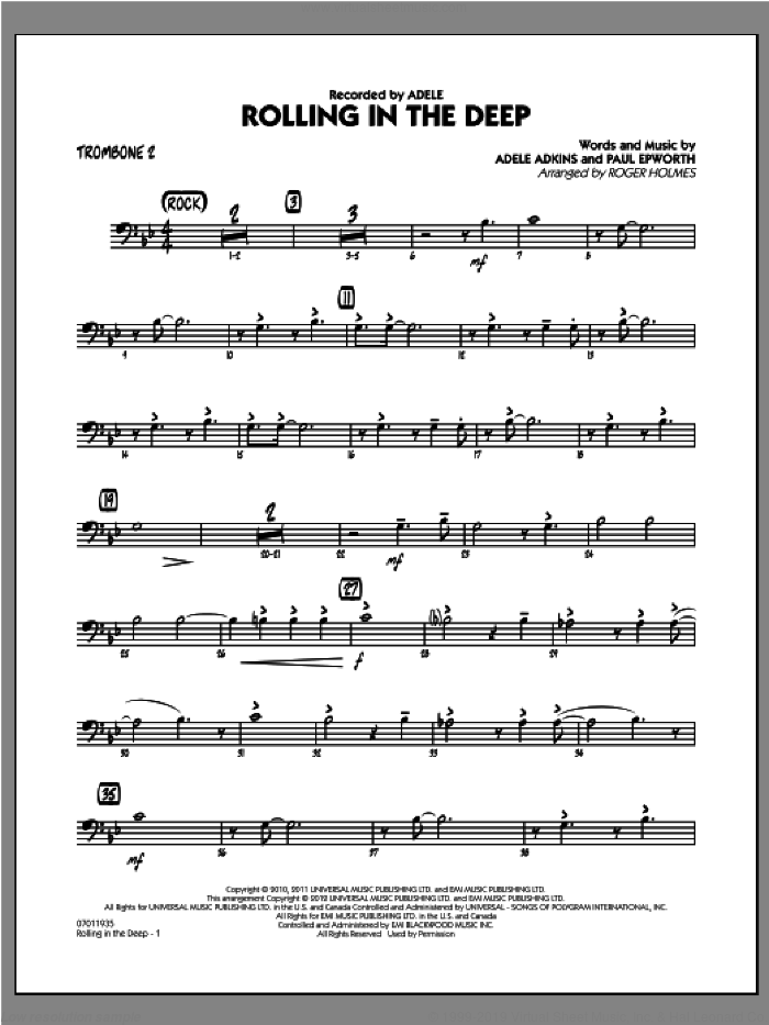 Rolling in the Deep sheet music for jazz band (trombone 2) by Adele, Adele Adkins, Paul Epworth and Roger Holmes, intermediate skill level