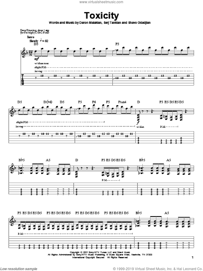 Toxicity sheet music for guitar (tablature, play-along) by System Of A Down, Daron Malakian, Serj Tankian and Shavo Odadjian, intermediate skill level