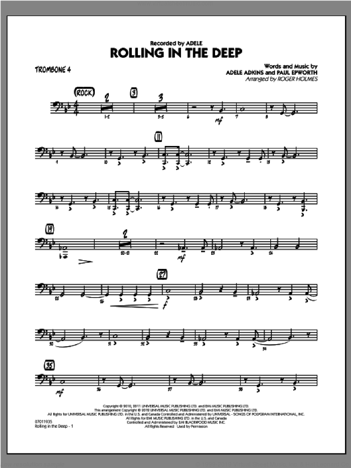 Rolling in the Deep sheet music for jazz band (trombone 4) by Adele, Adele Adkins, Paul Epworth and Roger Holmes, intermediate skill level