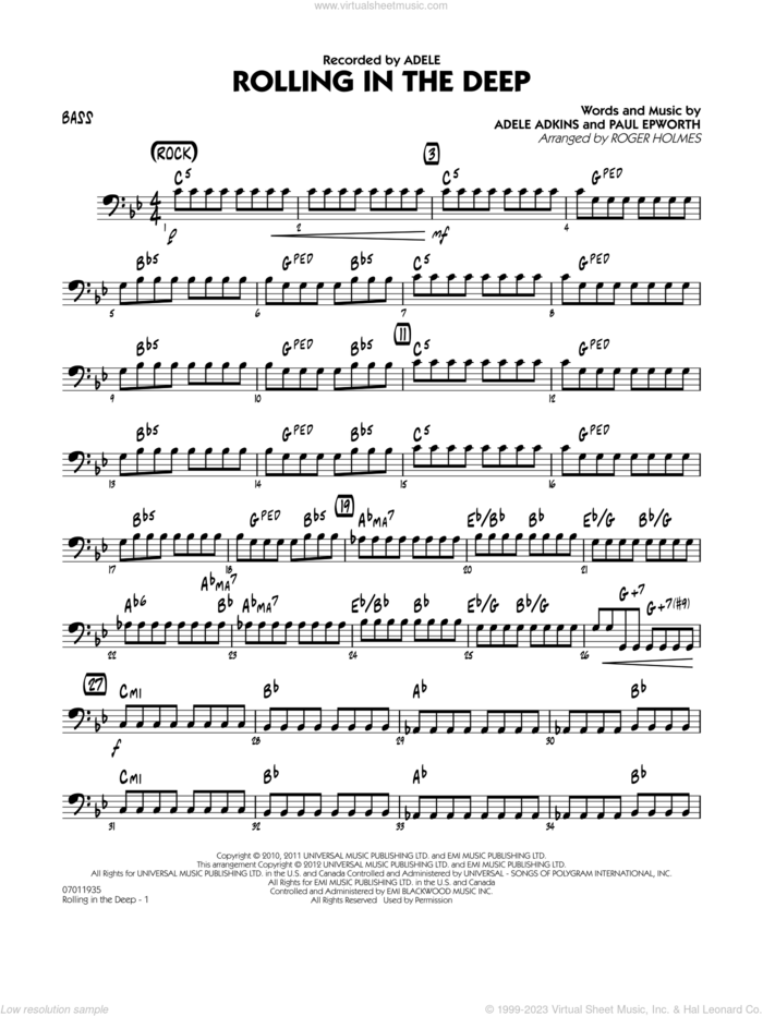 Rolling in the Deep sheet music for jazz band (bass) by Adele, Adele Adkins, Paul Epworth and Roger Holmes, intermediate skill level
