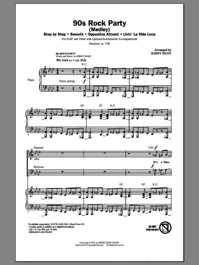 90's Rock Party (Medley) sheet music for choir (SAB: soprano, alto, bass) by Kirby Shaw, intermediate skill level