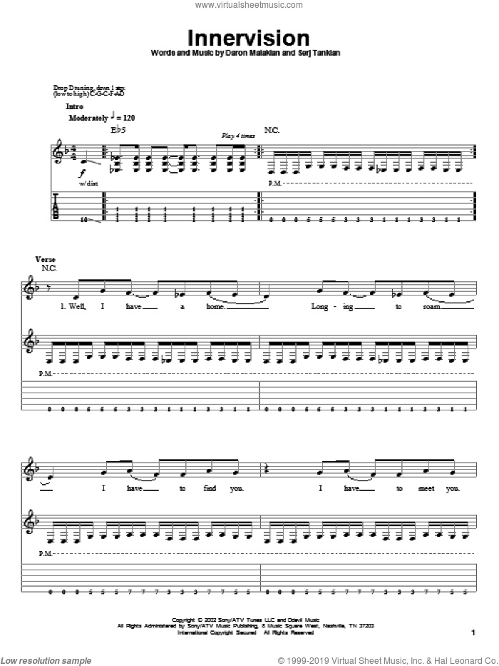 Innervision sheet music for guitar (tablature, play-along) by System Of A Down, Daron Malakian and Serj Tankian, intermediate skill level