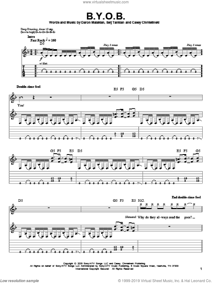 B.Y.O.B. sheet music for guitar (tablature, play-along) by System Of A Down, Casey Chmielinski, Daron Malakian and Serj Tankian, intermediate skill level