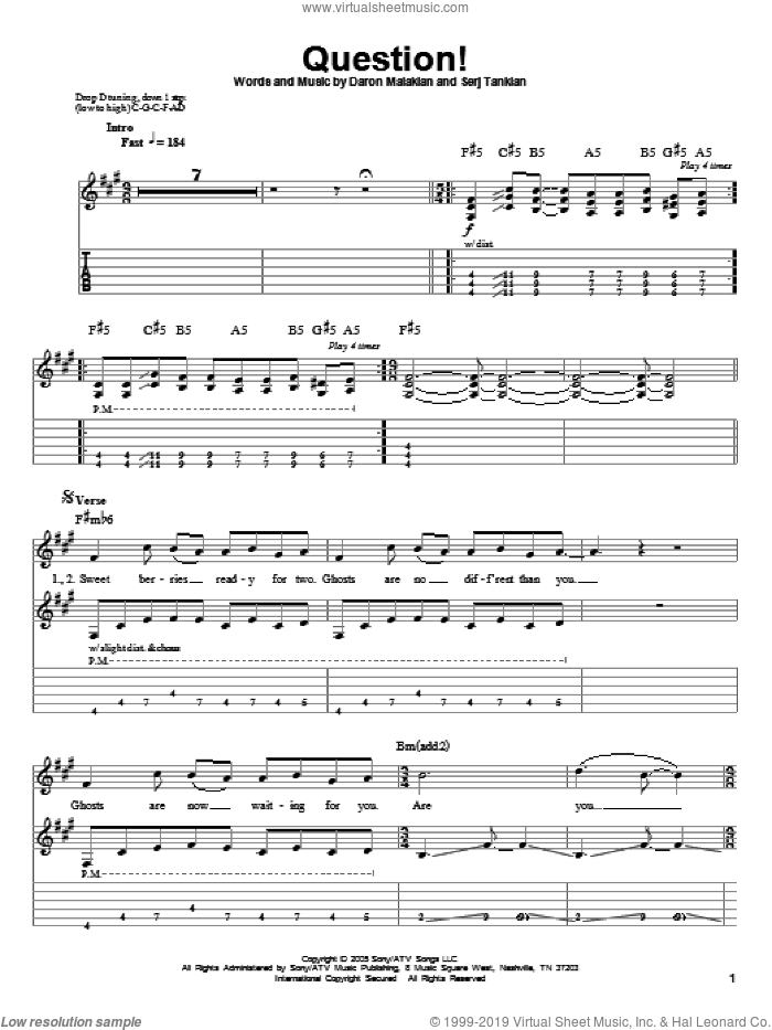 Question! sheet music for guitar (tablature, play-along) by System Of A Down, Daron Malakian and Serj Tankian, intermediate skill level