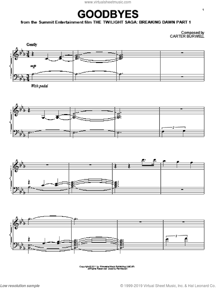 Goodbyes sheet music for piano solo by Carter Burwell and Twilight: Breaking Dawn Part 1 (Movie), intermediate skill level