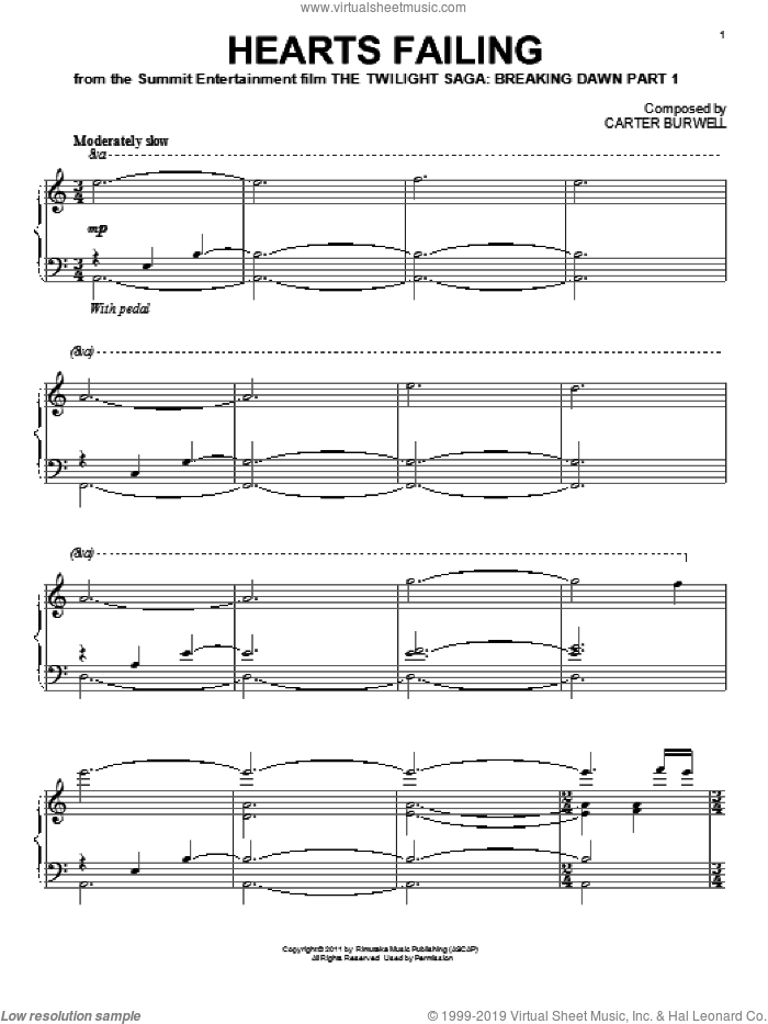 Hearts Failing sheet music for piano solo by Carter Burwell and Twilight: Breaking Dawn Part 1 (Movie), intermediate skill level