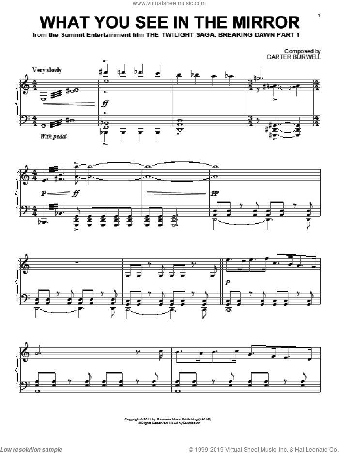 What You See In The Mirror sheet music for piano solo by Carter Burwell and Twilight: Breaking Dawn Part 1 (Movie), intermediate skill level