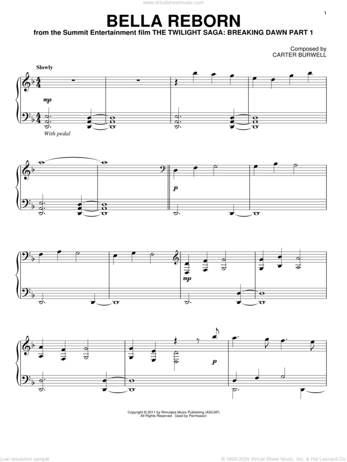 Bella Reborn sheet music for piano solo by Carter Burwell and Twilight: Breaking Dawn Part 1 (Movie), intermediate skill level