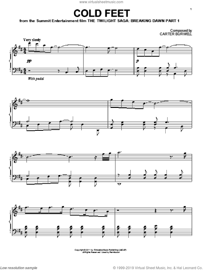 Cold Feet sheet music for piano solo by Carter Burwell and Twilight: Breaking Dawn Part 1 (Movie), intermediate skill level