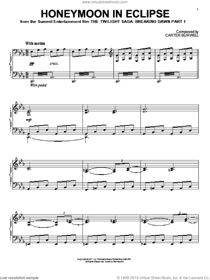 Honeymoon In Eclipse sheet music for piano solo by Carter Burwell and Twilight: Breaking Dawn Part 1 (Movie), intermediate skill level