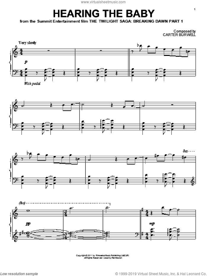 Hearing The Baby sheet music for piano solo by Carter Burwell and Twilight: Breaking Dawn Part 1 (Movie), intermediate skill level