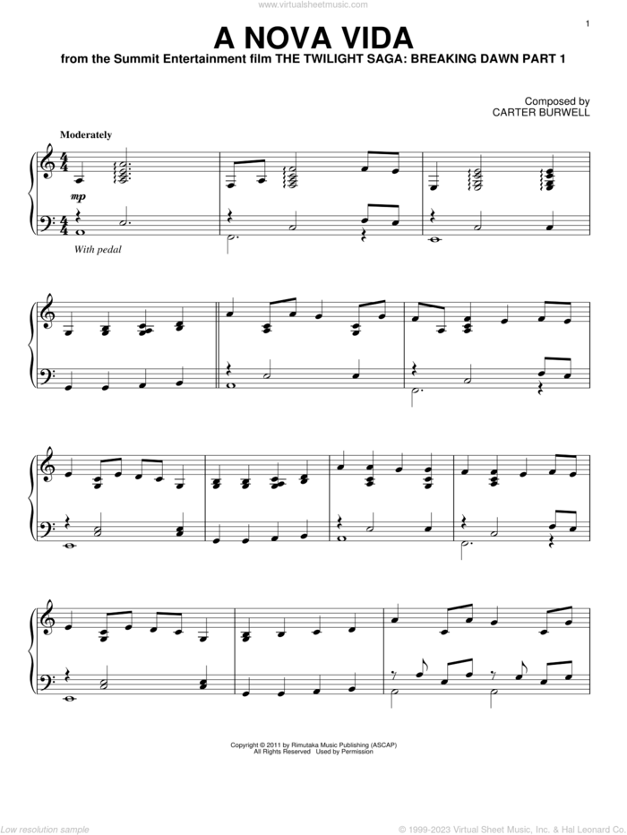 A Nova Vida sheet music for piano solo by Carter Burwell and Twilight: Breaking Dawn Part 1 (Movie), intermediate skill level