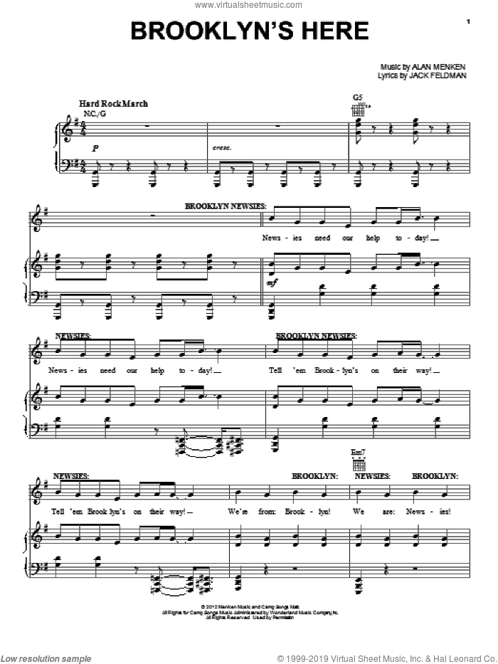Brooklyn's Here sheet music for voice, piano or guitar by Alan Menken and Jack Feldman, intermediate skill level
