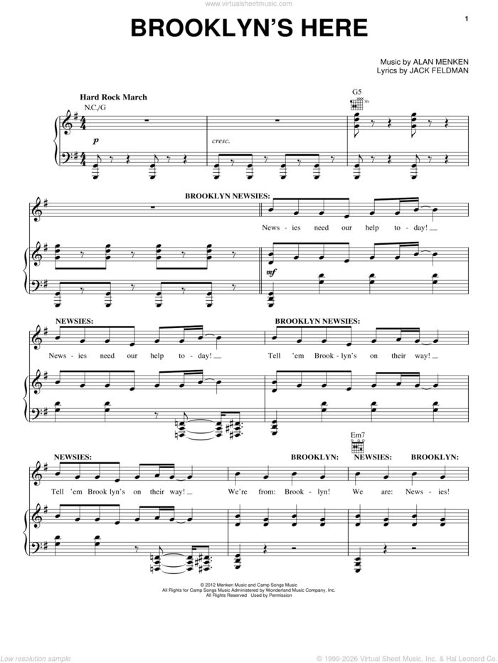 Brooklyn's Here sheet music for voice, piano or guitar by Alan Menken and Jack Feldman, intermediate skill level