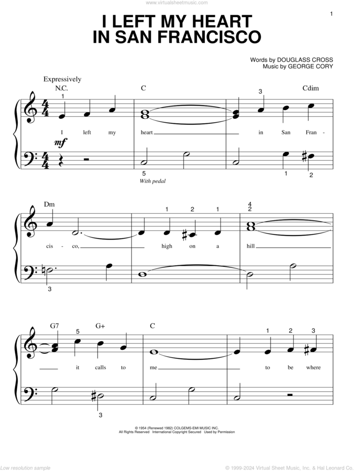 I Left My Heart In San Francisco sheet music for piano solo (big note book) by Tony Bennett, Douglass Cross and George Cory, easy piano (big note book)