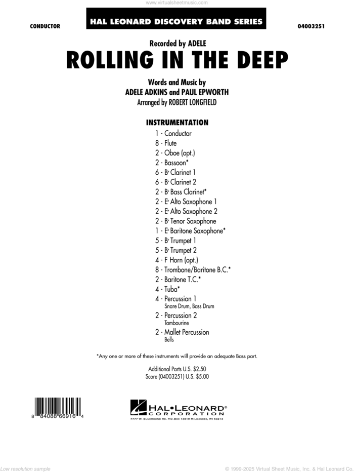 Rolling in the Deep sheet music for concert band (full score) by Adele, Adele Adkins, Paul Epworth and Robert Longfield, intermediate skill level