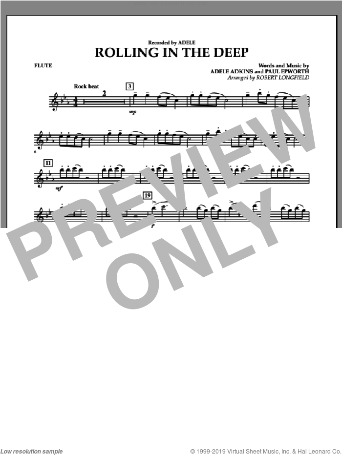 Rolling in the Deep sheet music for concert band (flute) by Adele, Adele Adkins, Paul Epworth and Robert Longfield, intermediate skill level